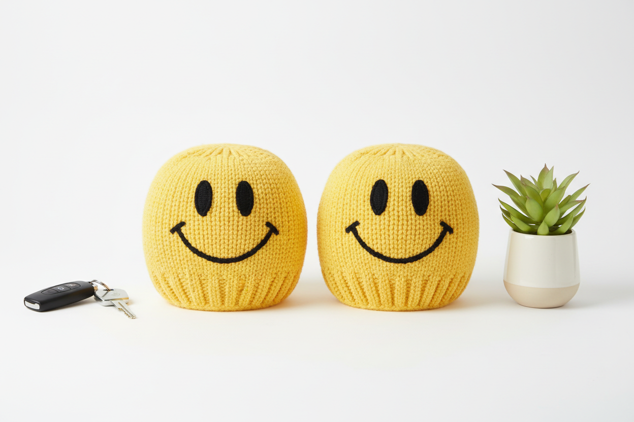 2Pc Smiley Face Car Headrest Covers – Cartoon Knit Seat Protectors