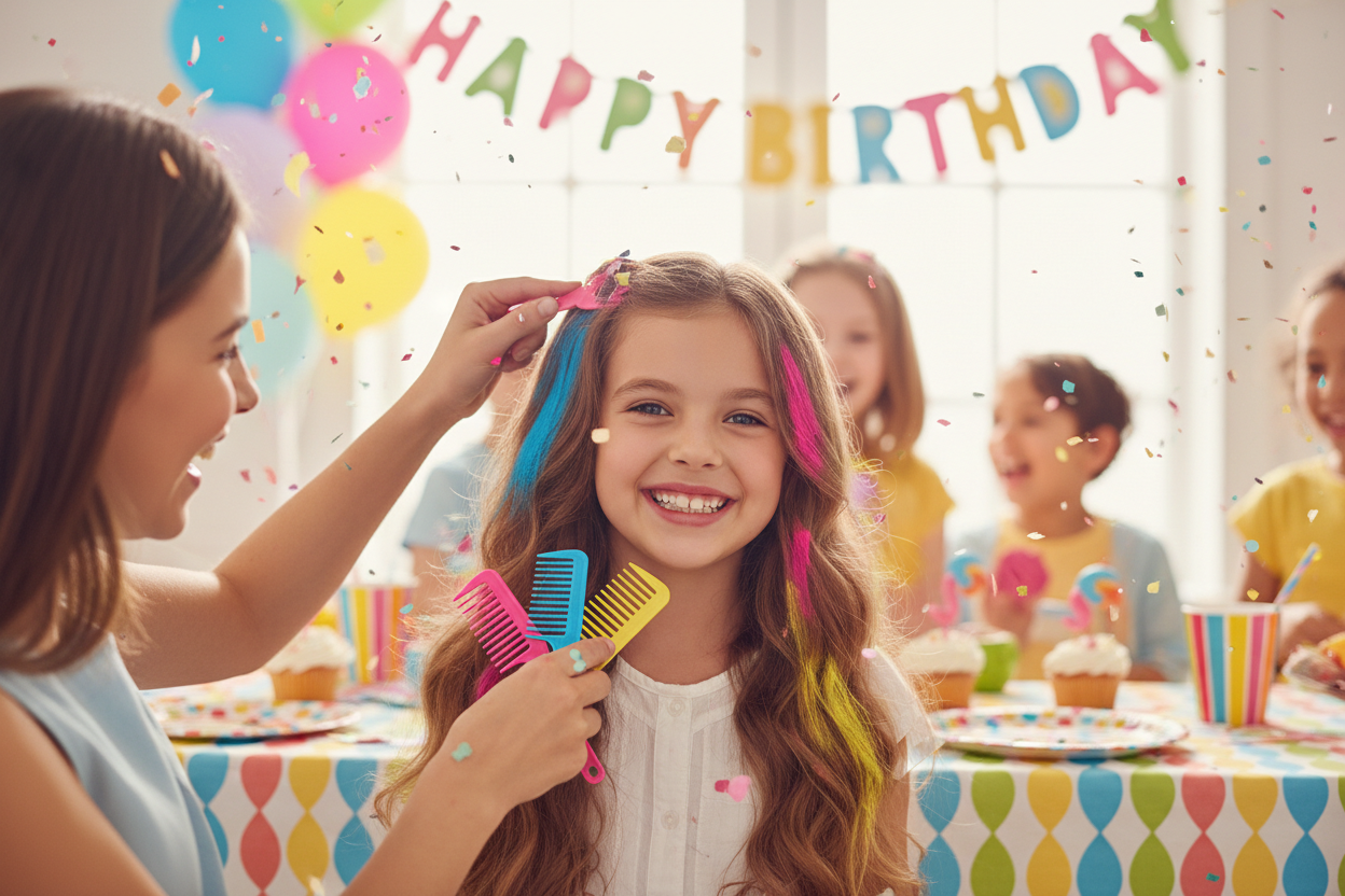 A smiling young girl with long wavy brown hair decorated with bright pink, blue, and yellow streaks stands at a birthday party while an adult woman styles her hair. The background shows other children, a colorful 'HAPPY BIRTHDAY' banner, balloons, and a party table with cupcakes.