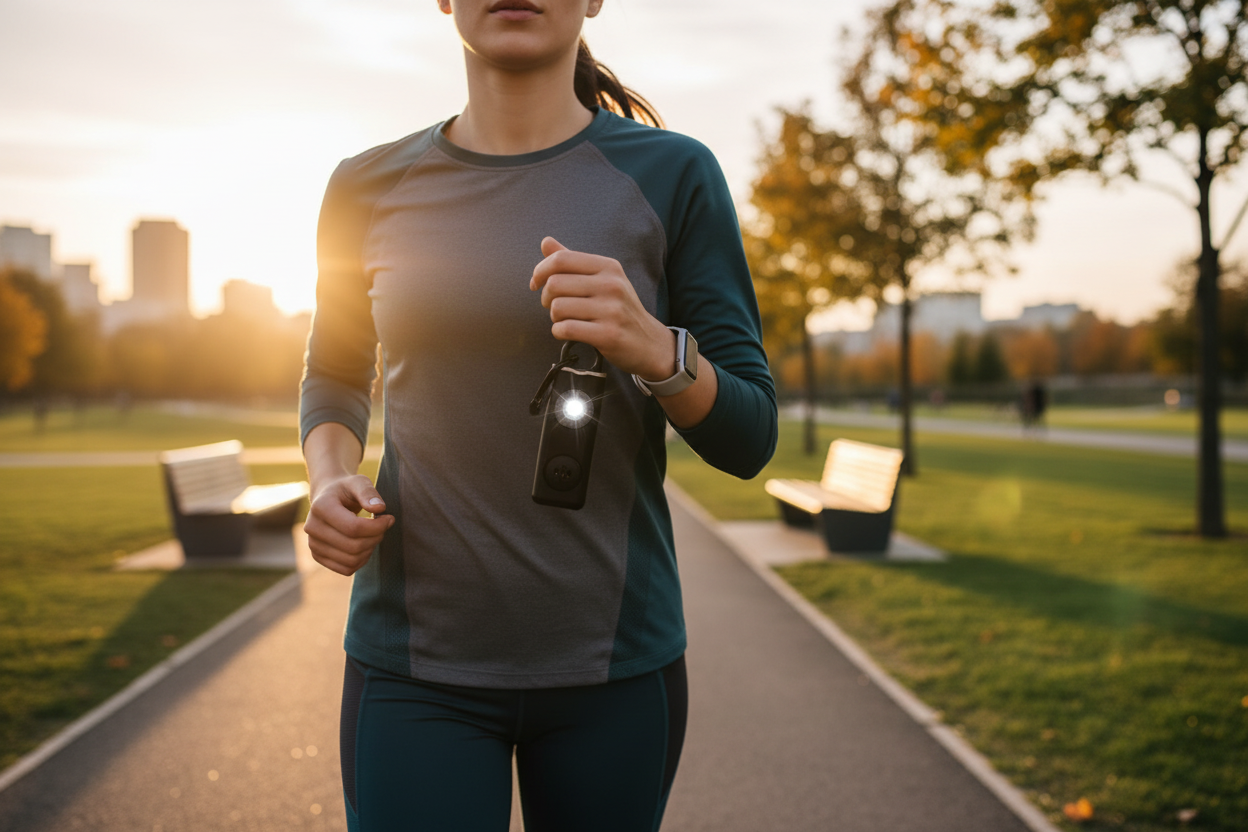 Woman jogging with personal safety alarm