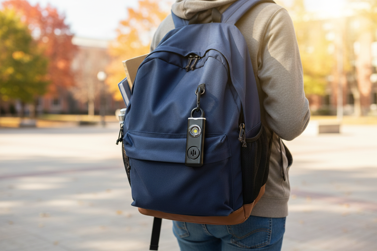 Safety alarm attached to student backpack