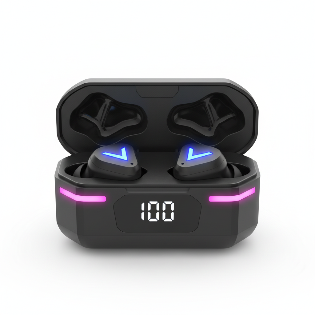 Premium Bluetooth earbuds with LED battery indicator - white background