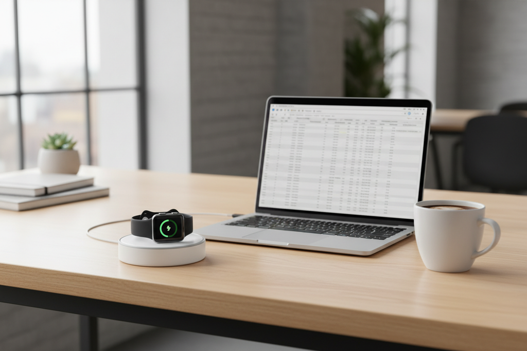 Apple Watch charger being used on modern office desk with laptop