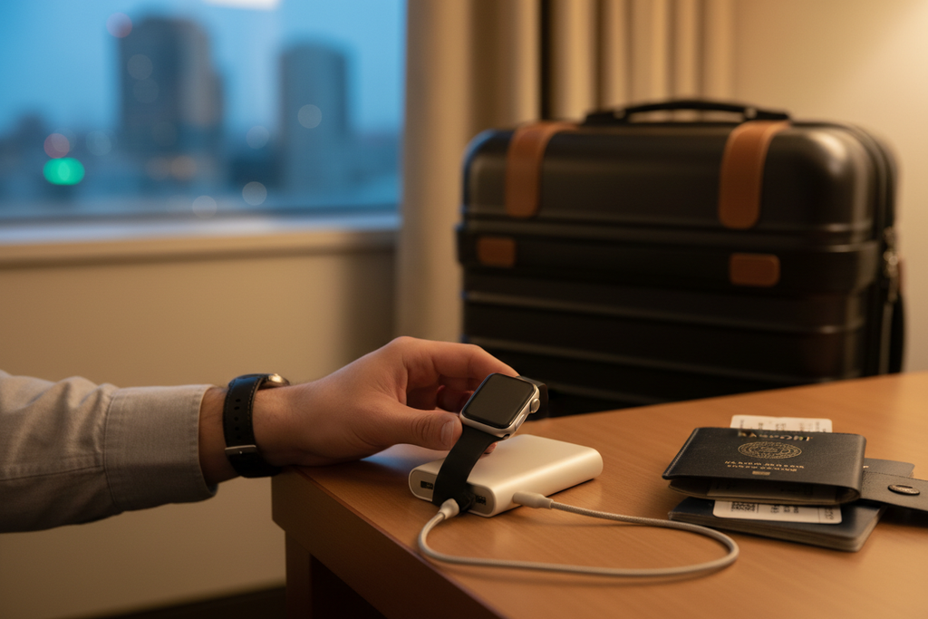 Portable Apple Watch charger for travel with luggage and passport