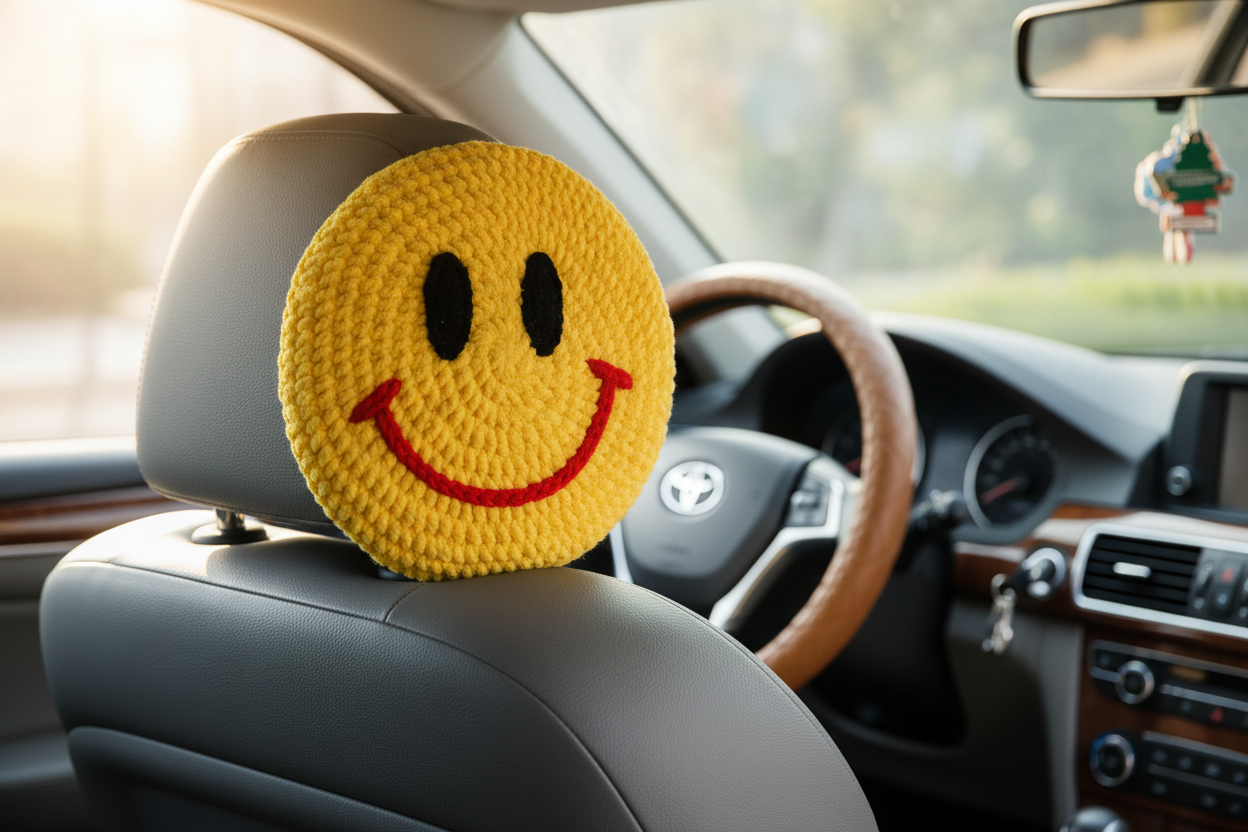 2Pc Smiley Face Car Headrest Covers – Cartoon Knit Seat Protectors