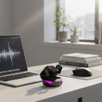 LED display earbuds on clean desk - ideal for video calls and meetings