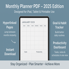 2025 monthly planner PDF for iPad, tablet, and printable use with features like hyperlinked pages and goal tracker.