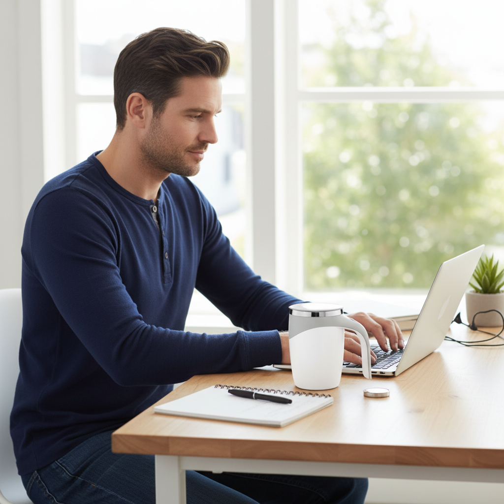 Man working from home with self-stirring mug