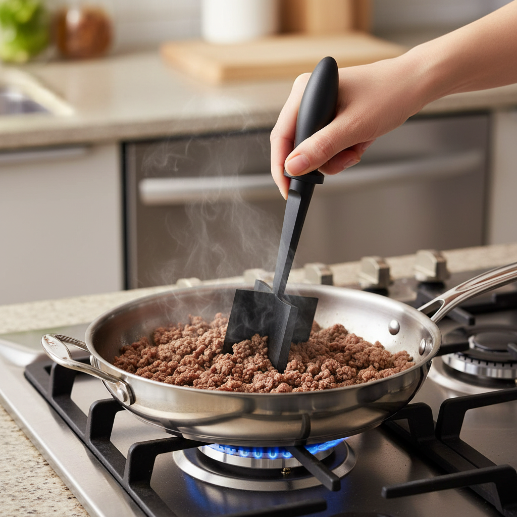 Meat chopper crumbling ground beef in skillet