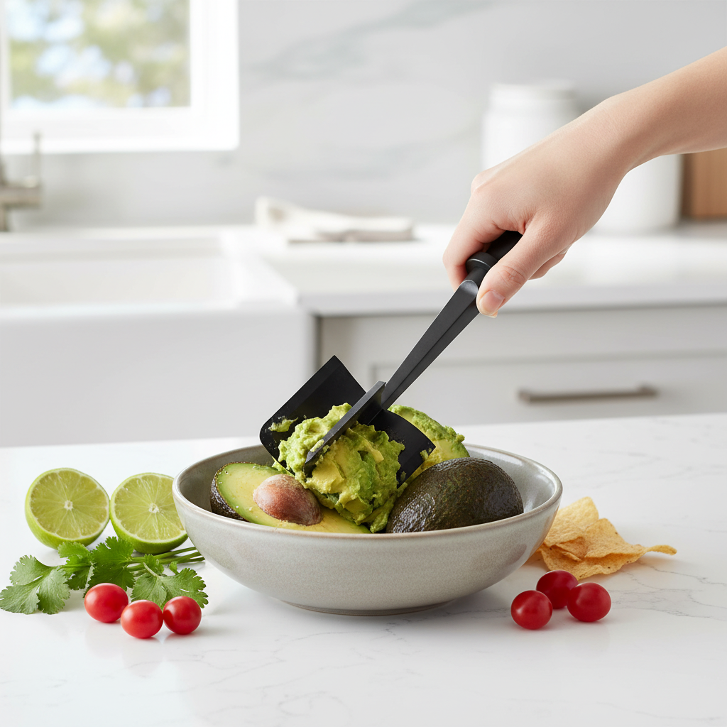 Meat chopper mashing avocados for guacamole