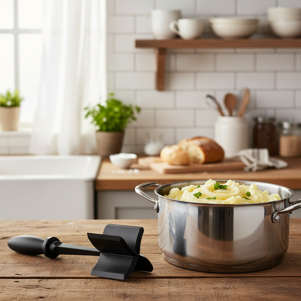 Meat chopper next to mashed potatoes on kitchen counter