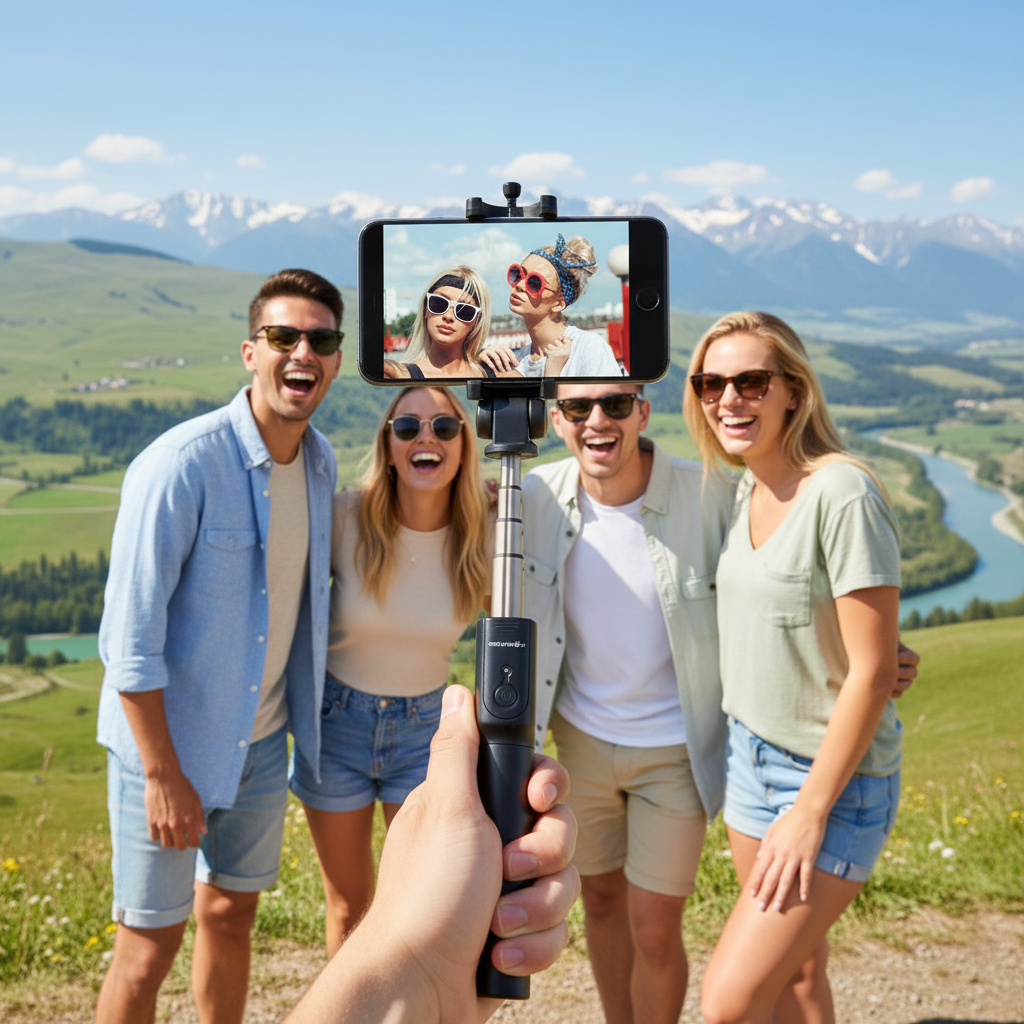 Mini tripod selfie stick used for group selfie