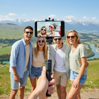 Mini tripod selfie stick used for group selfie
