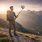 Mini tripod selfie stick used while hiking