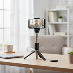 Mini tripod set up on desk for video call