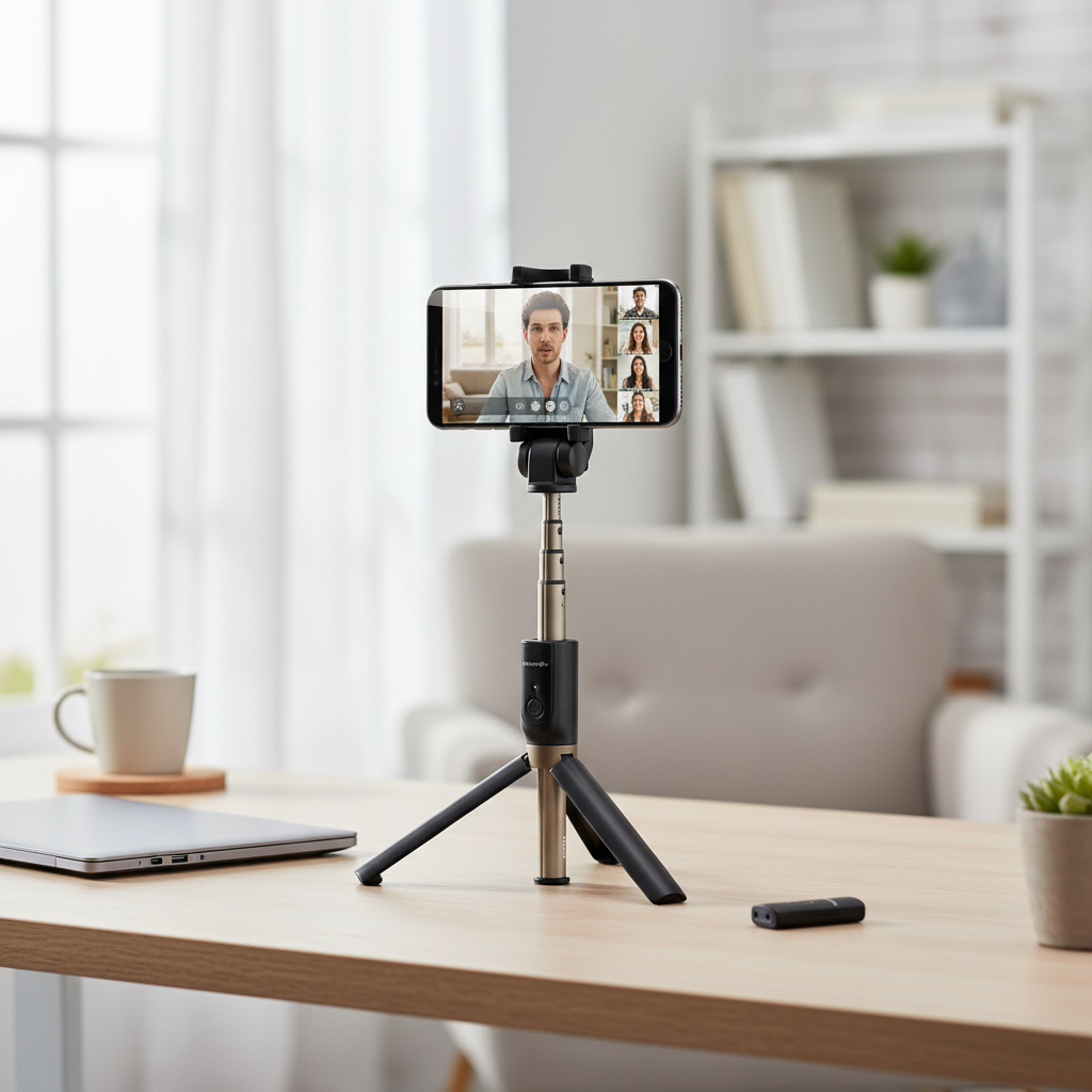 Mini tripod set up on desk for video call