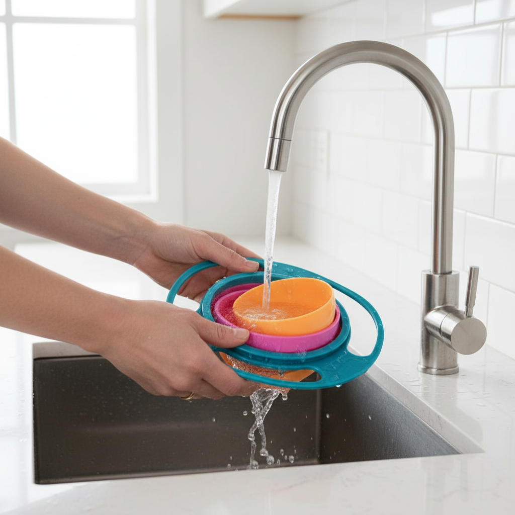 Parent washing gyro bowl at sink