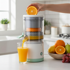 Person juicing orange with USB citrus juicer on kitchen counter