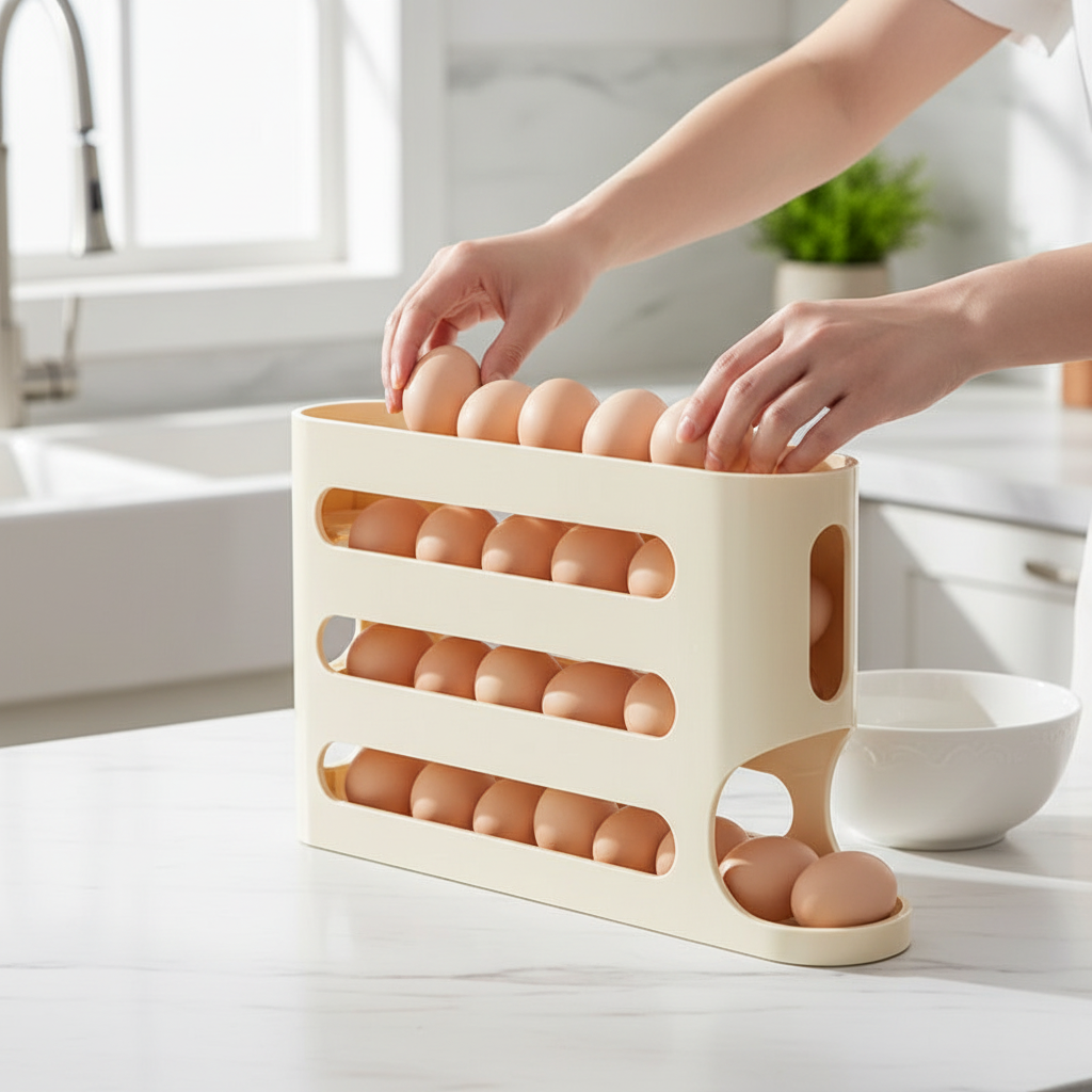 Person loading eggs into automatic rolling egg storage rack