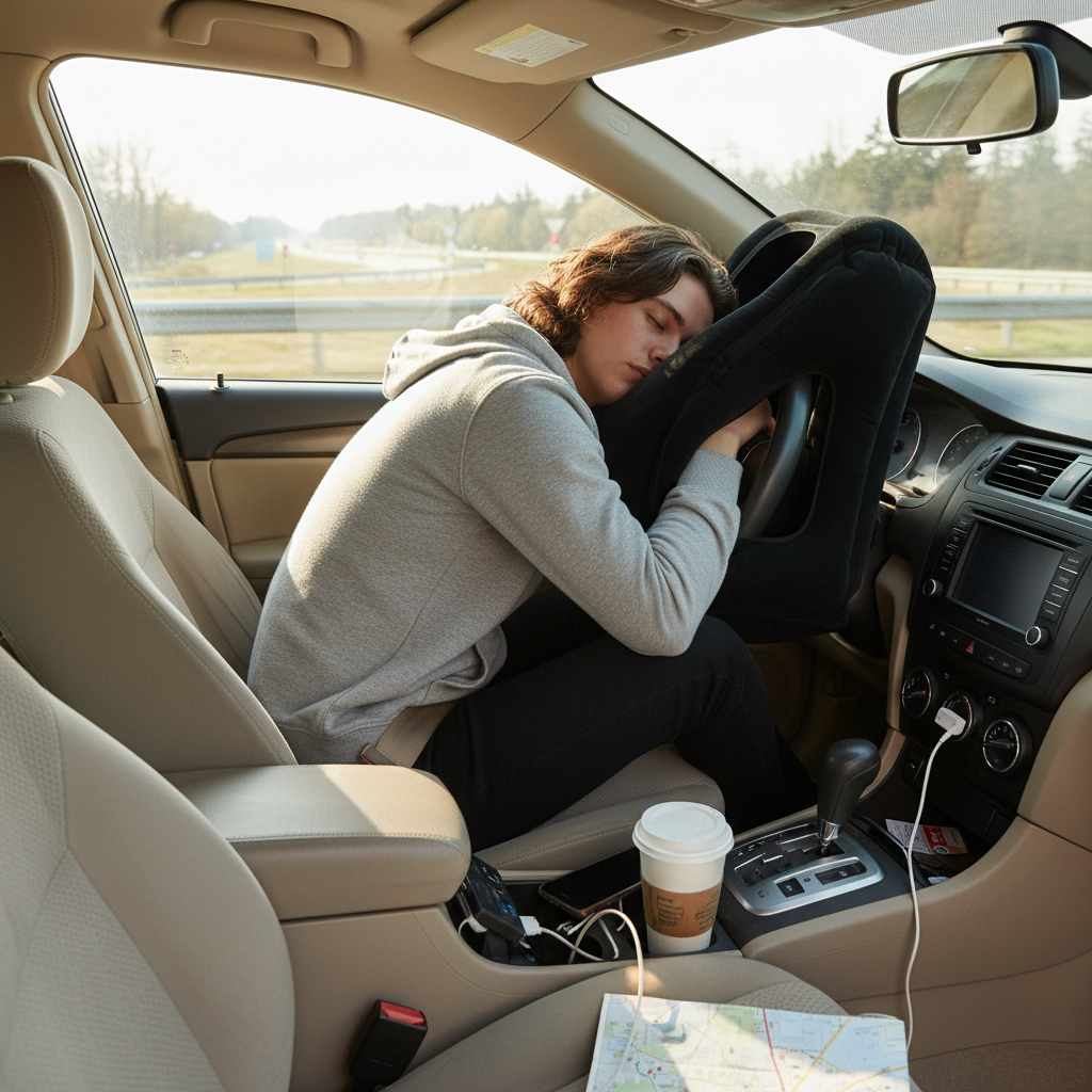 Person napping in car with inflatable travel pillow