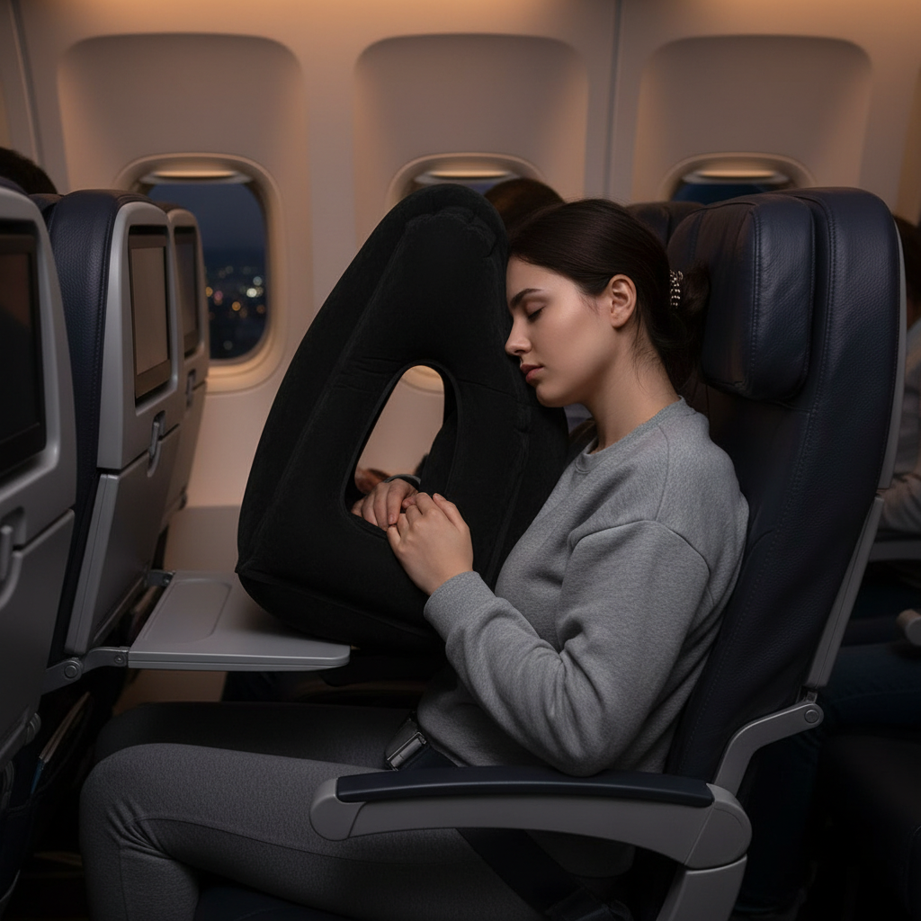 Person napping on airplane with inflatable travel pillow