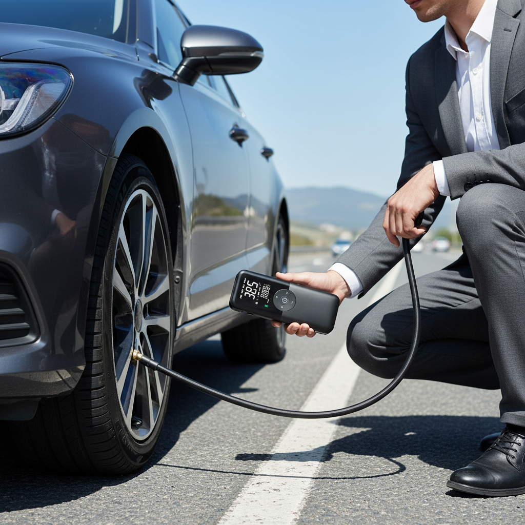 Person using cordless tire inflator on car tire roadside