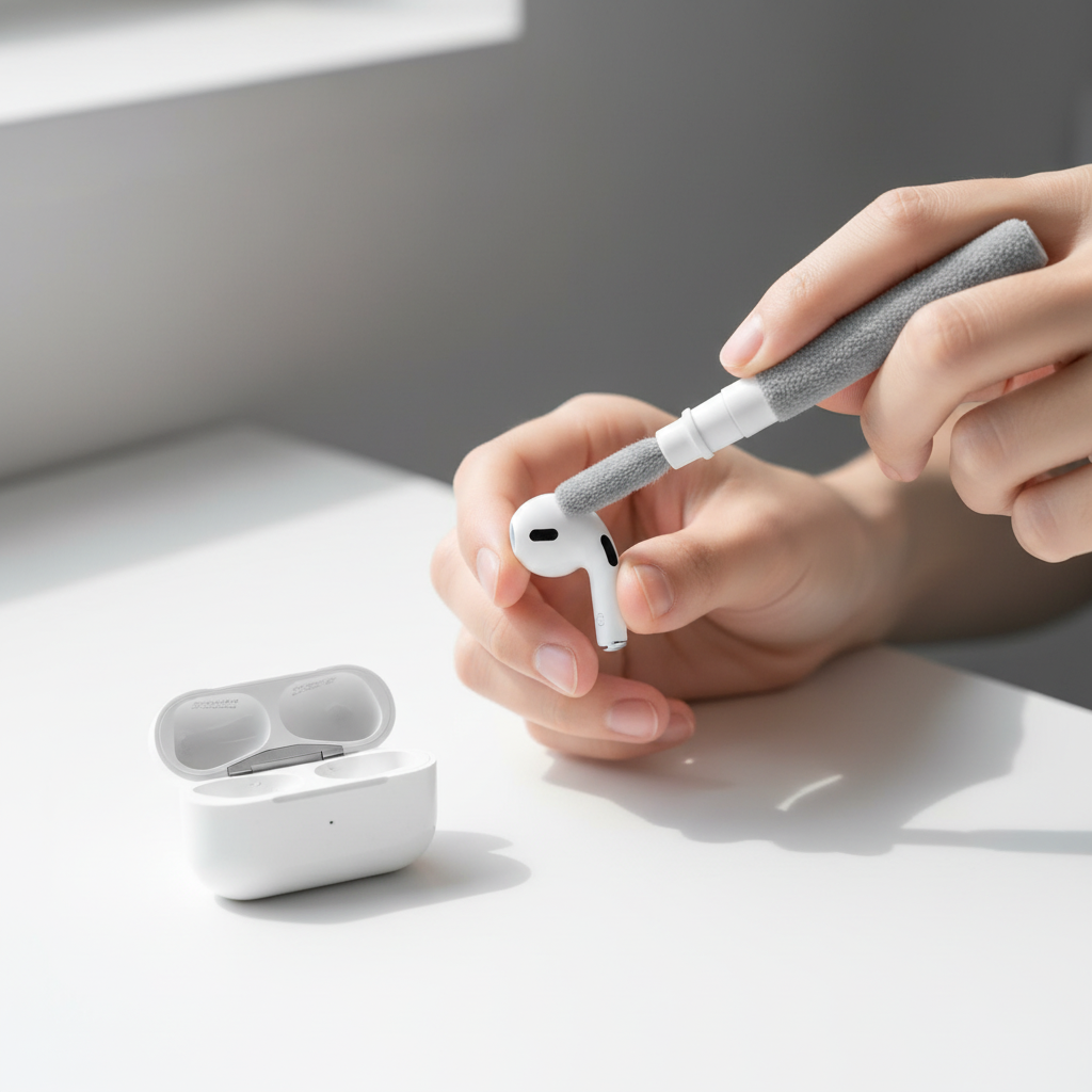 Person using earbud cleaning pen on AirPods Pro
