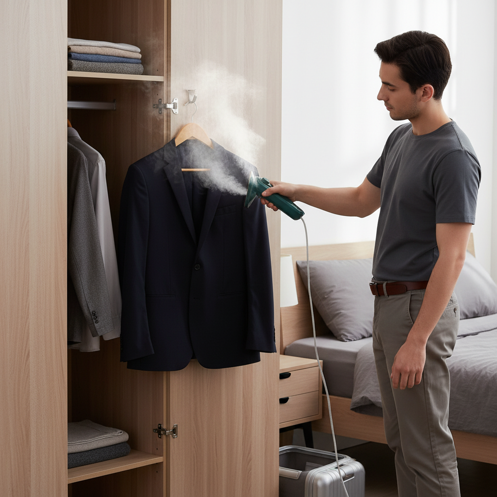 Person using micro steam iron vertically on hanging suit jacket