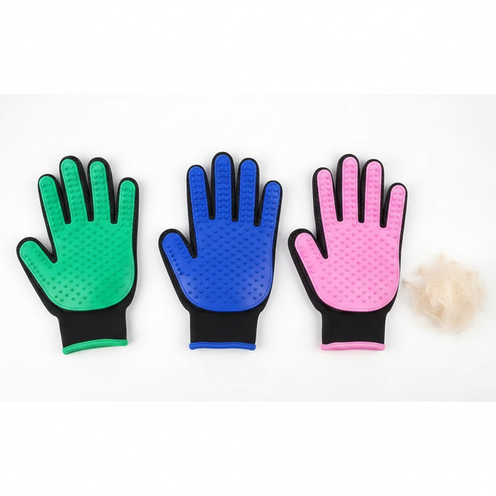 Pet grooming gloves flat lay with collected fur
