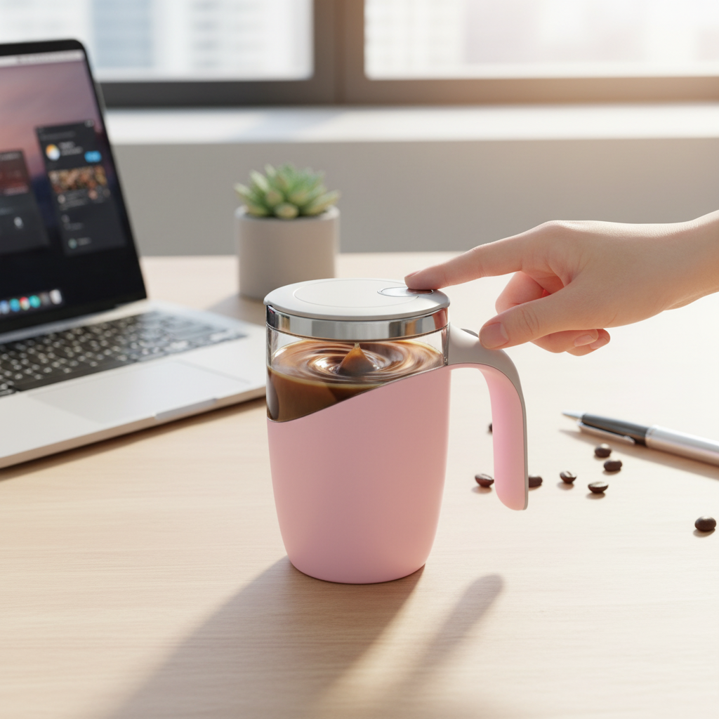 Pink self-stirring mug creating vortex at home office desk