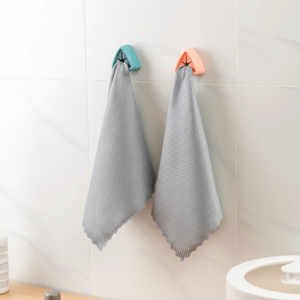 Punch-free towel holders in blue and pink on bathroom wall
