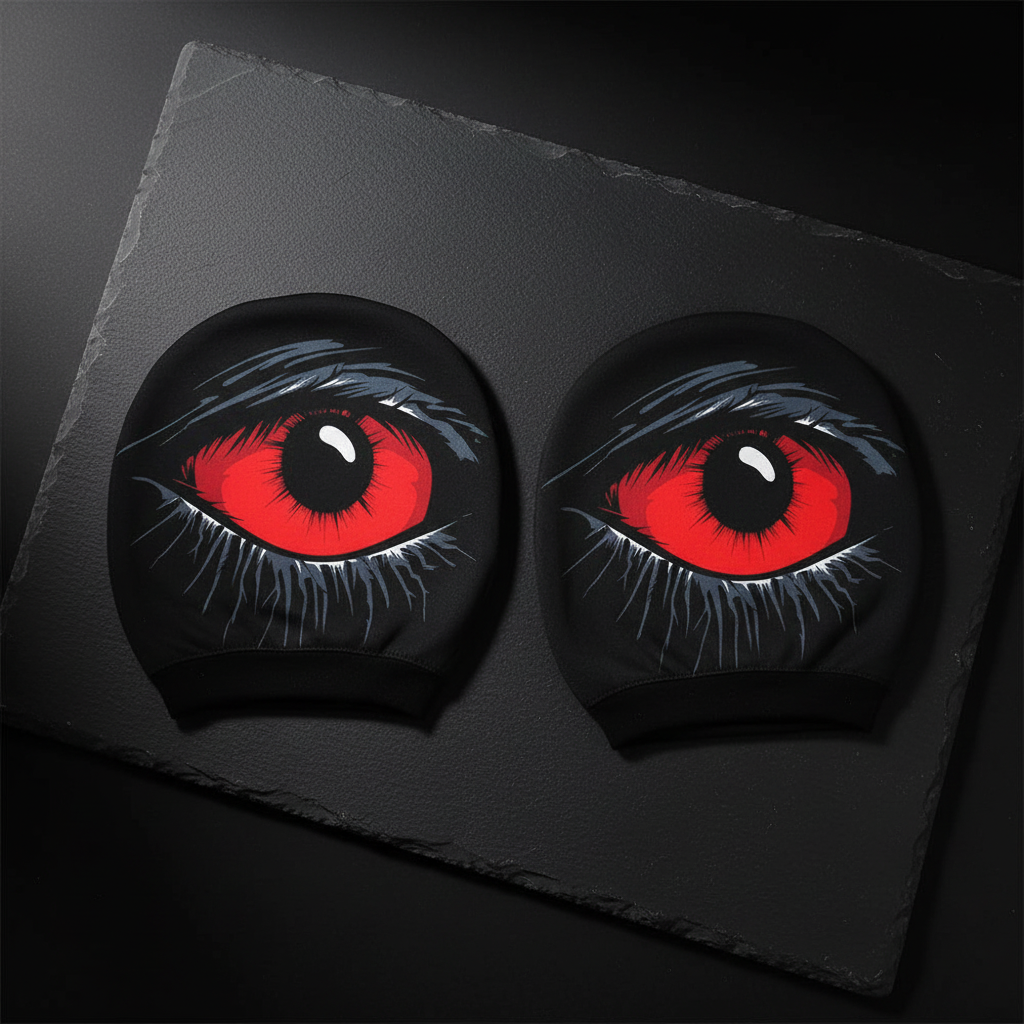 Red devil's eye headrest covers flat lay dark gothic presentation