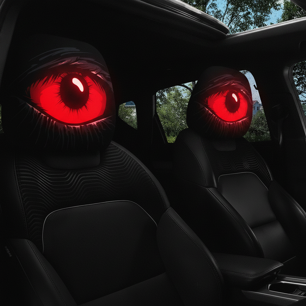 Red devil's eye headrest covers on both front seats at night