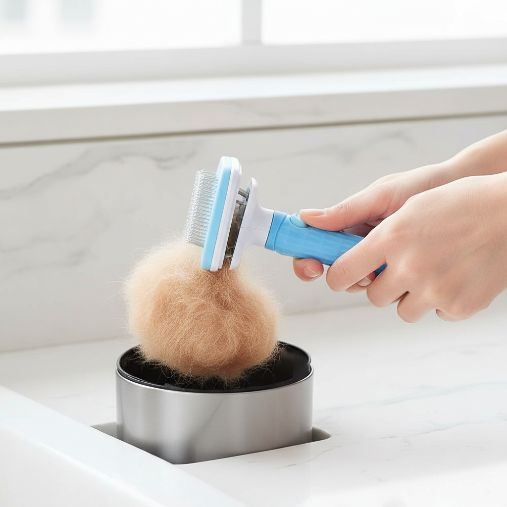 Self-cleaning button releasing collected fur