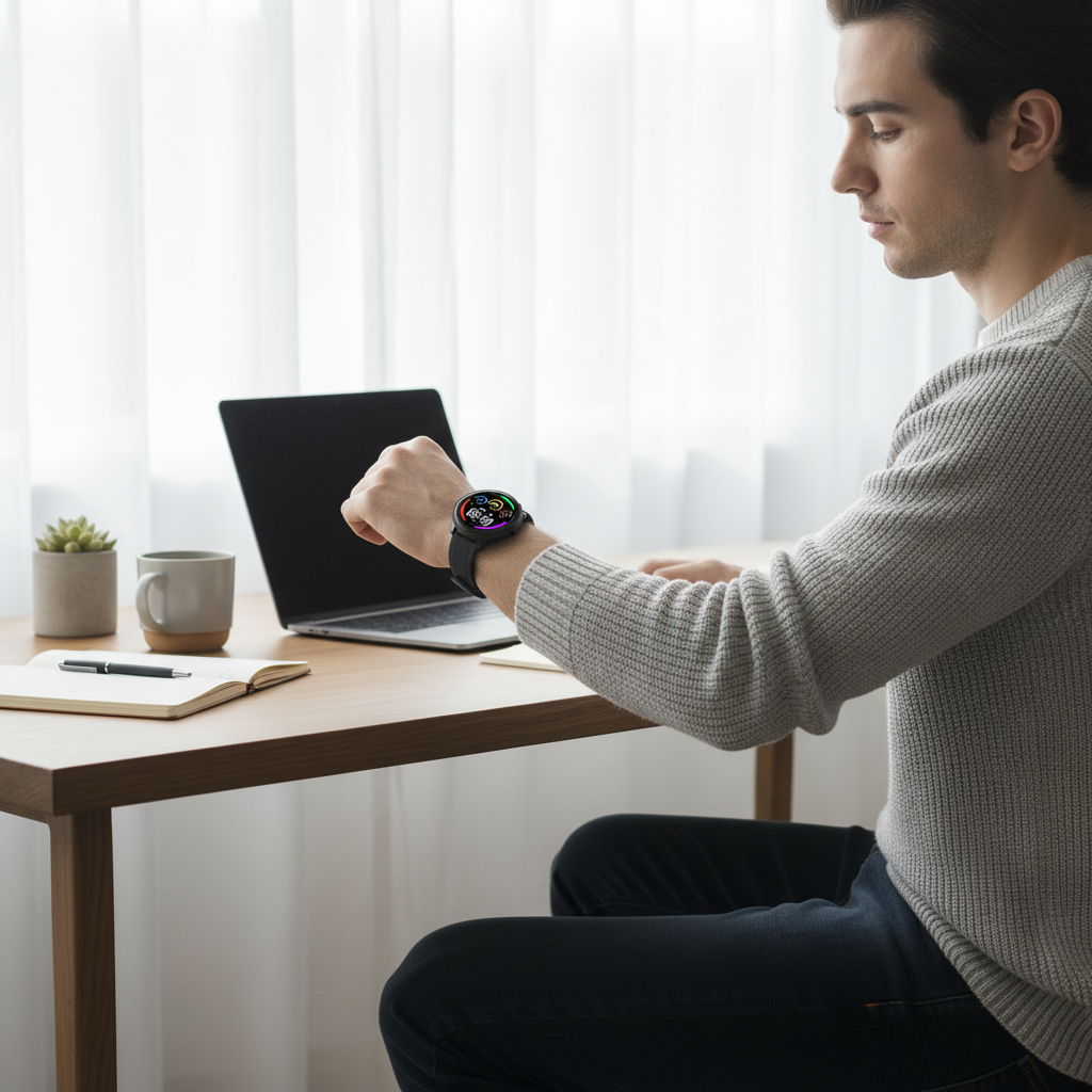 Smartwatch worn at desk checking notifications