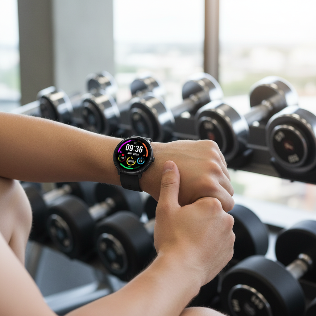 Smartwatch worn at the gym checking stats