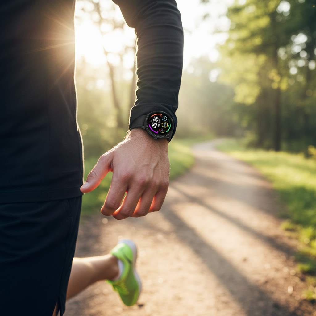 Smartwatch worn while running outdoors