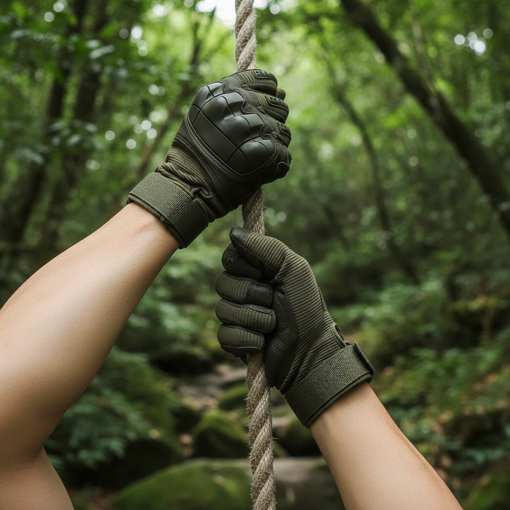 Tactical gloves worn during outdoor training
