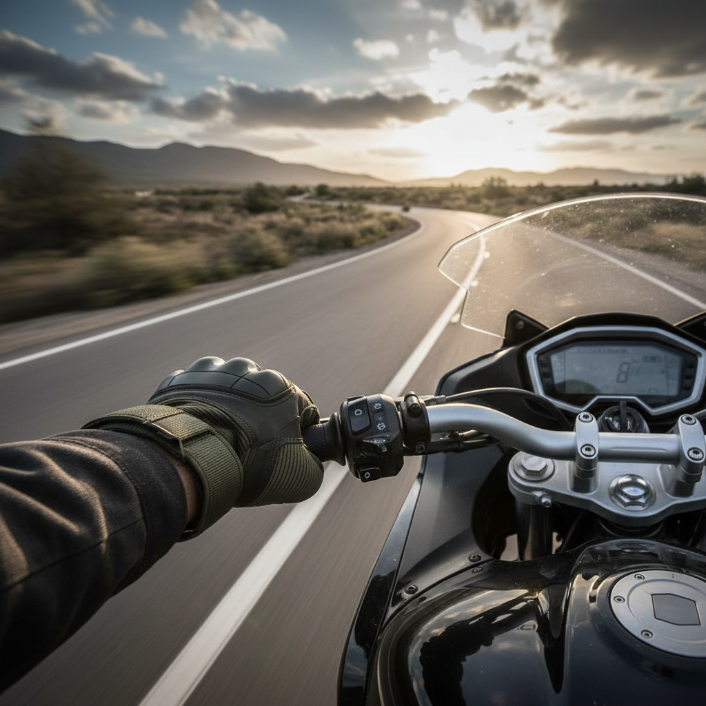 Tactical gloves worn while riding motorcycle