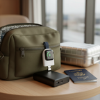 USB Apple Watch charger plugged into power bank in travel bag