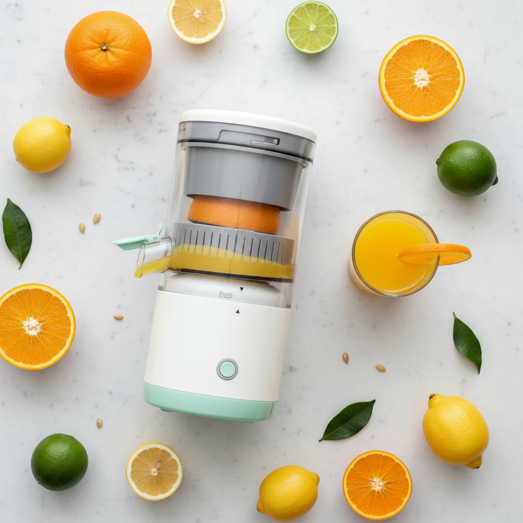 USB citrus juicer flat lay with oranges lemons and limes on marble