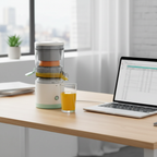 USB citrus juicer on office desk with fresh orange juice