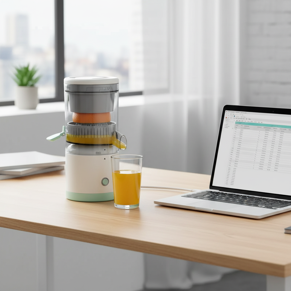 USB citrus juicer on office desk with fresh orange juice