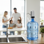 Water pump dispenser in family kitchen setting