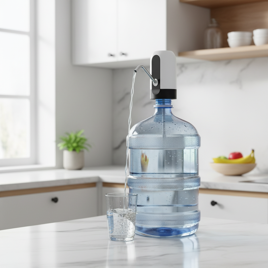 Water pump dispenser in modern kitchen filling a glass