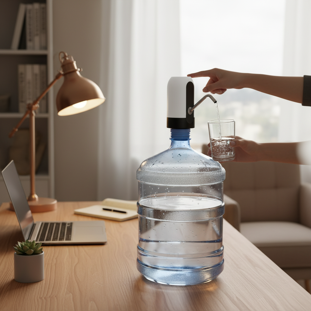 Water pump dispenser on desk in home office