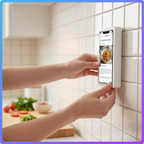 Waterproof phone case mounted on kitchen wall showing recipe