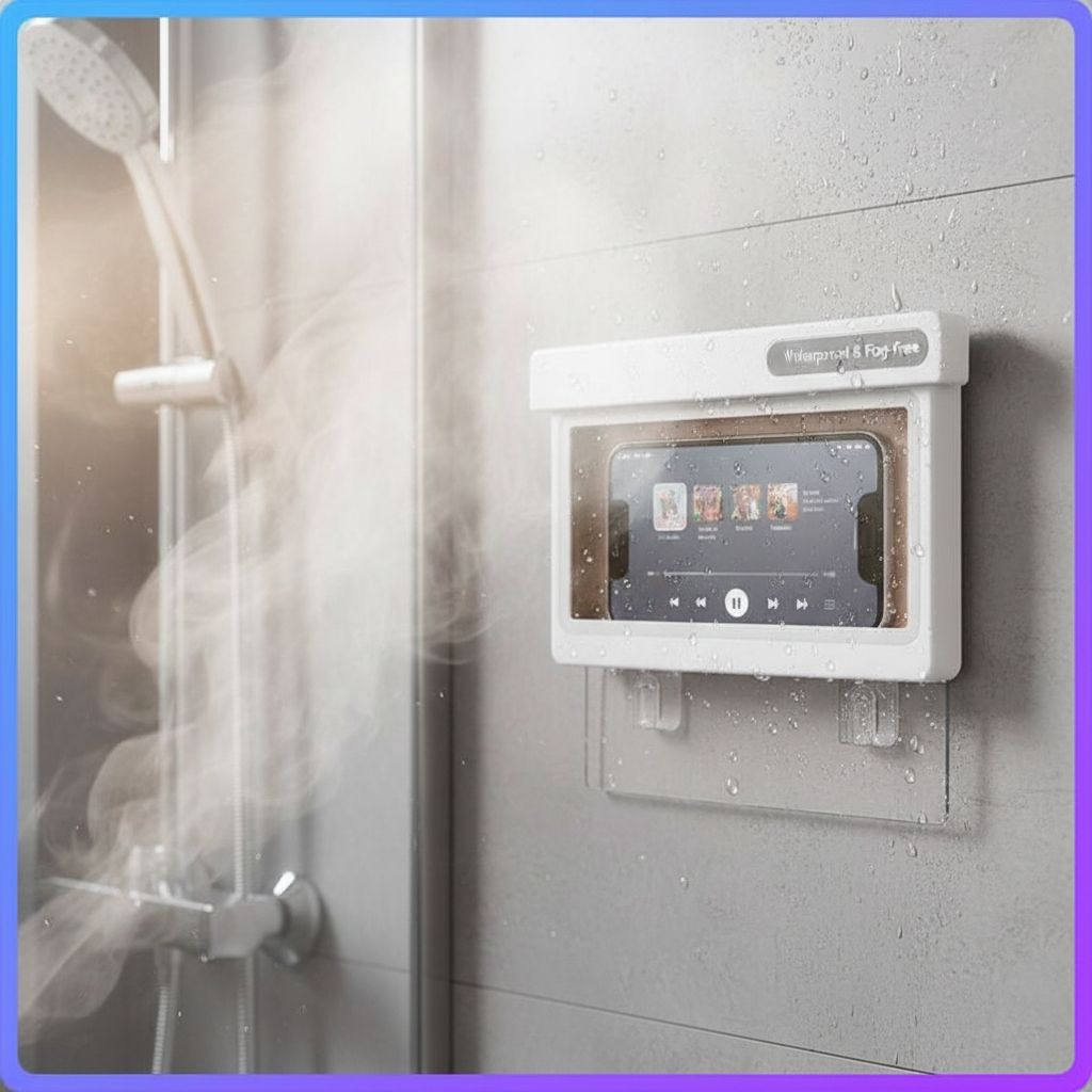Waterproof phone case mounted on shower wall with music app