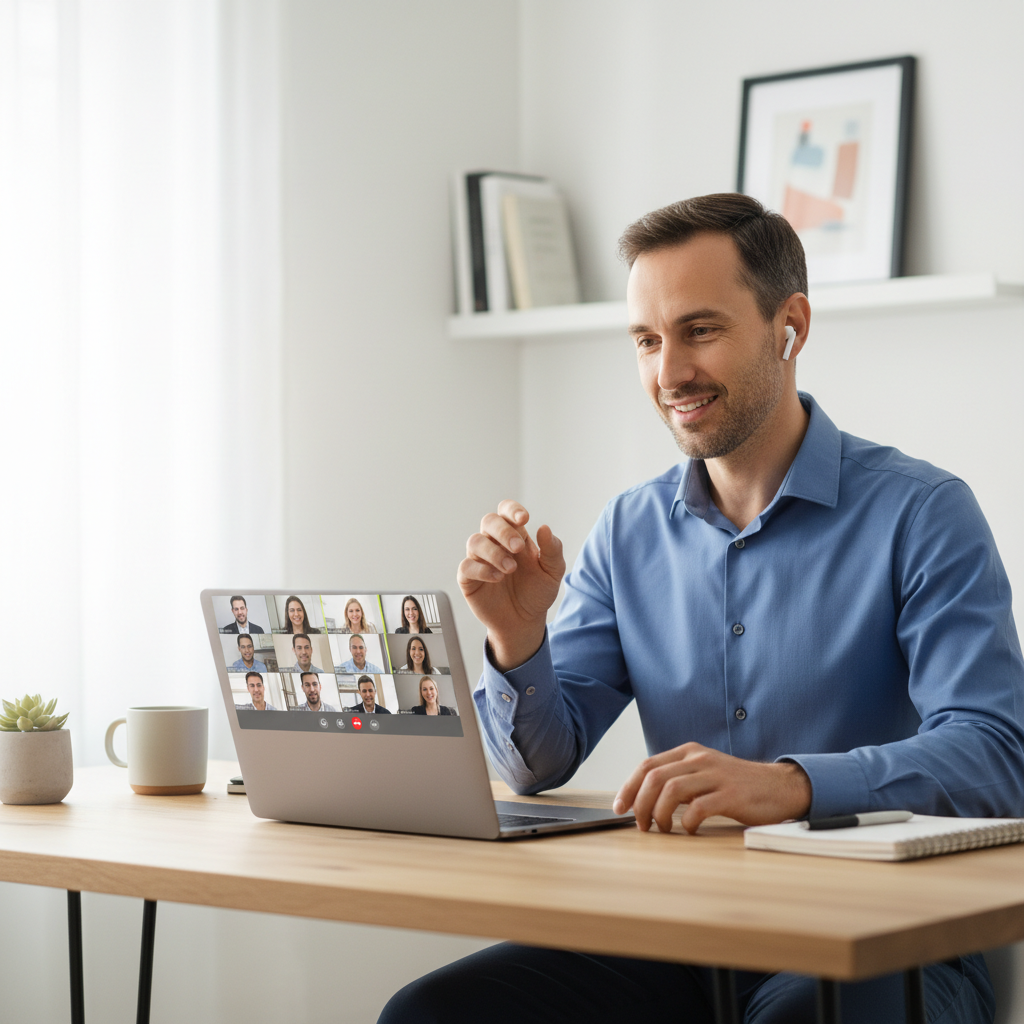 White man on video call with wireless earbuds