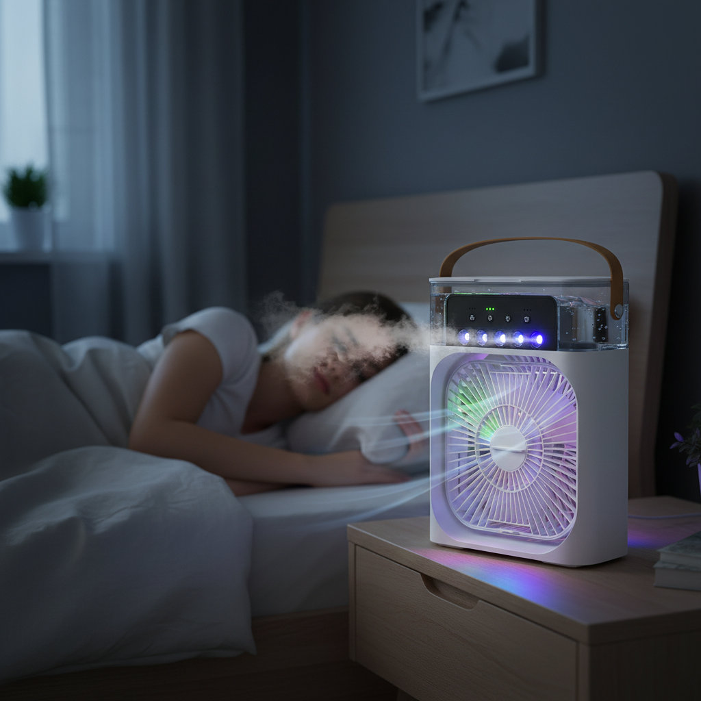 White portable air cooler fan with LED lights on bedside table at night