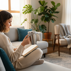 Woman relaxing with self-stirring mug